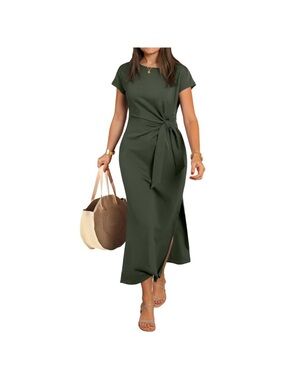 Women's Army Green Polyester Blend Tie Waist Split Crew Neck Casual Summer Maxi